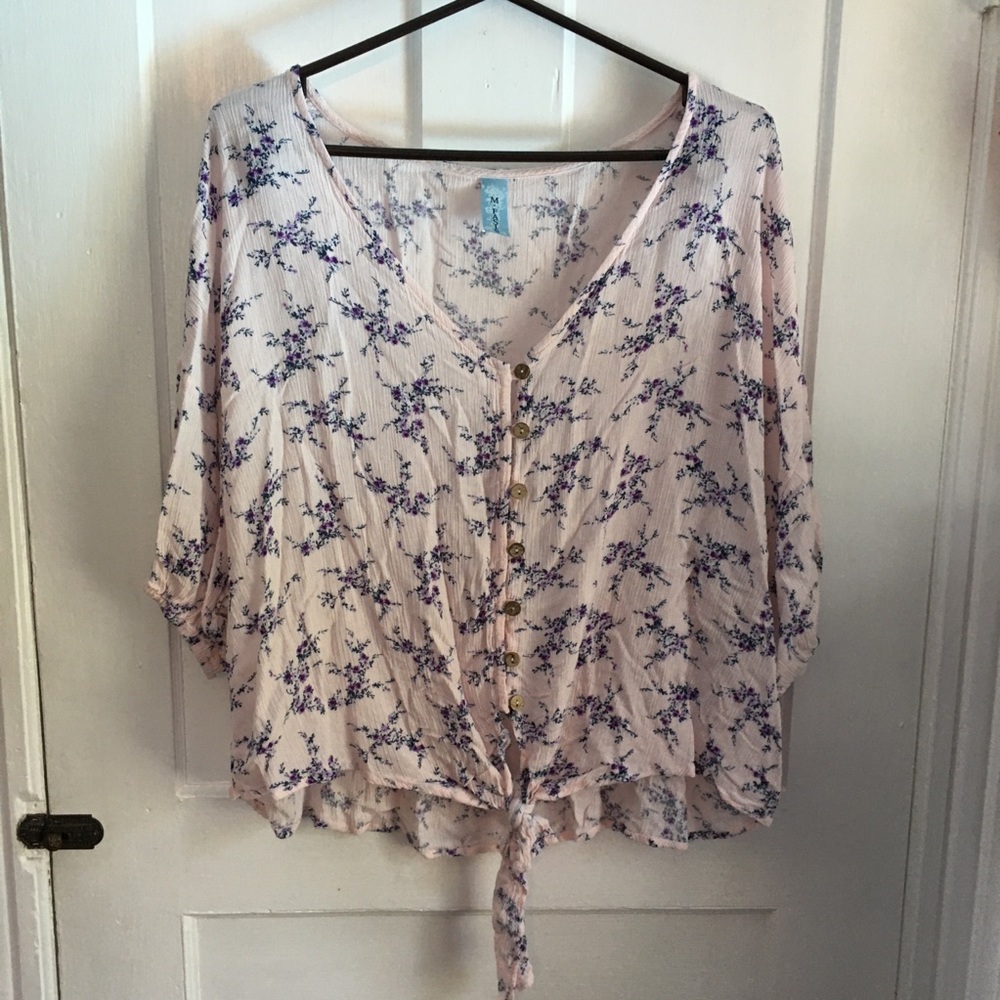 Floral button down tie front blouse